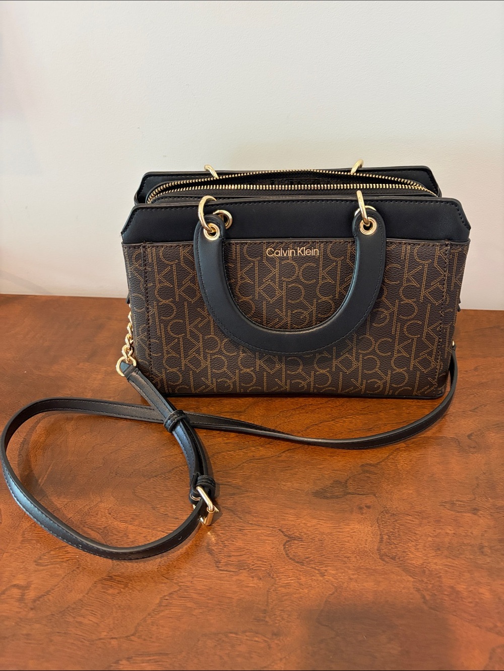 Calvin Klein Brown Monogram Crossbody with Black Handles
